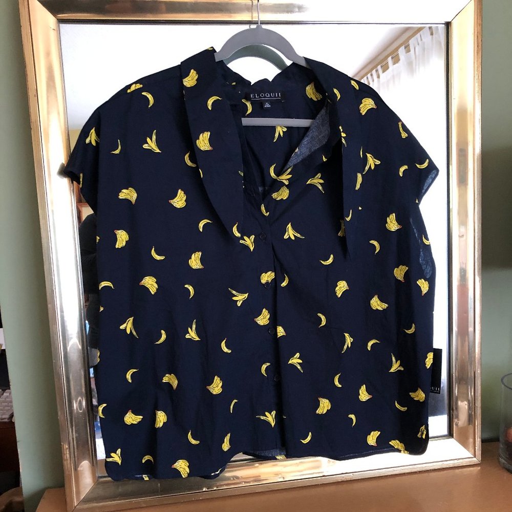 Eloquii Banana Print Tie Neck Top